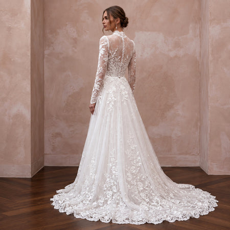 Modest Ivory Lace High Neck Long Sleeve A-Line Bridal Gown