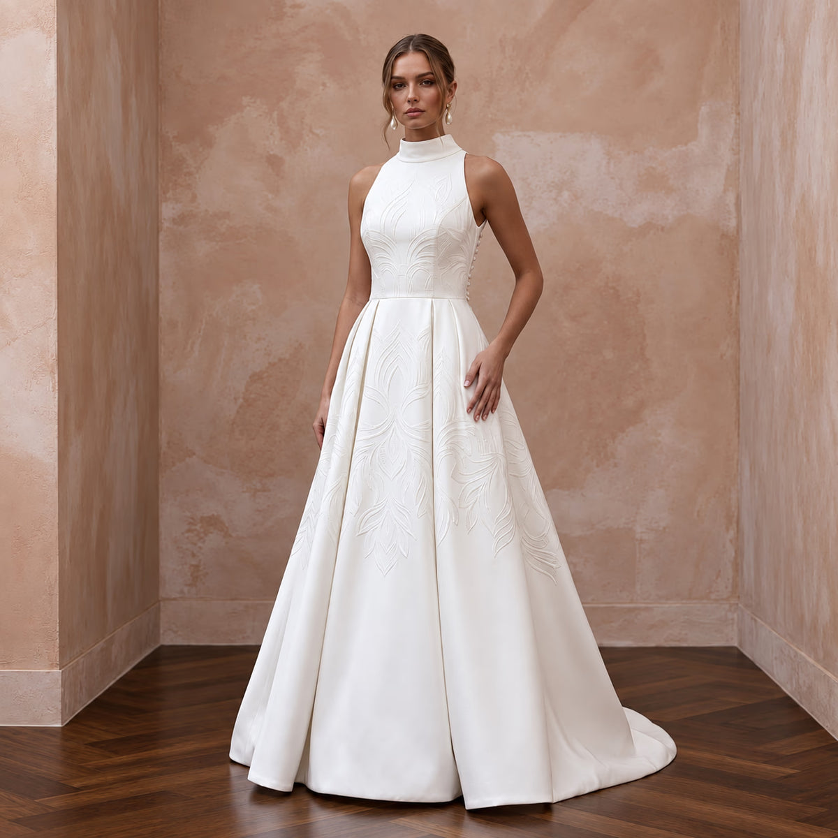 Modest Ivory Mikado A-Line Gown with Pockets and High Neckline
