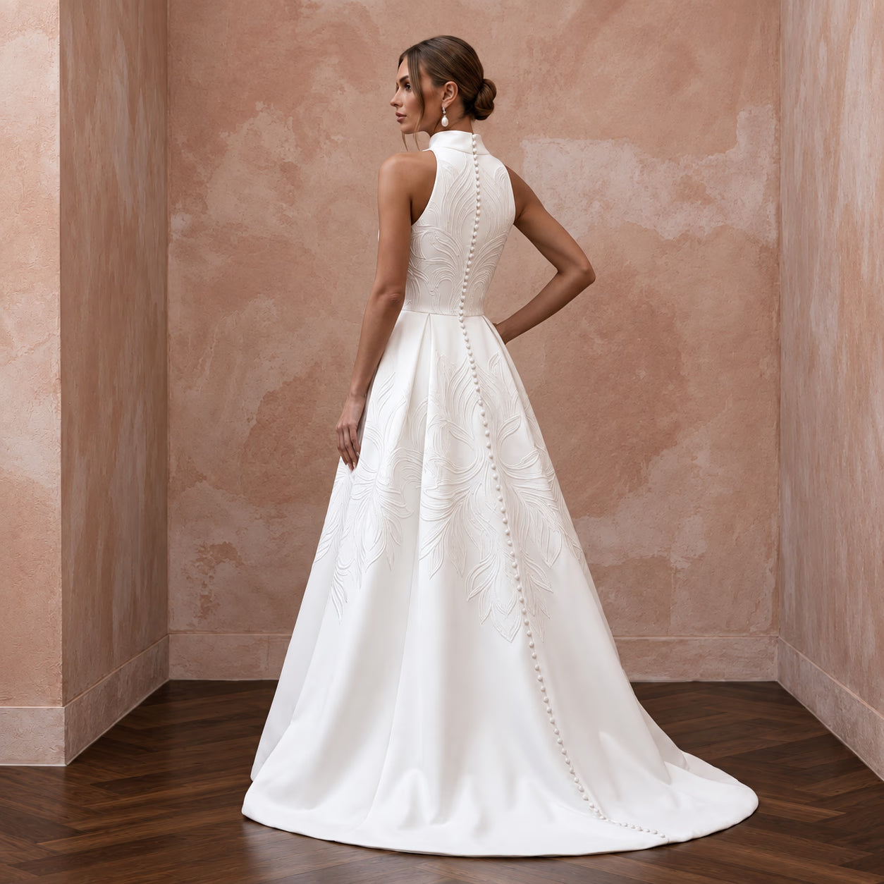 Modest Ivory Mikado A-Line Gown with Pockets and High Neckline Secondary image