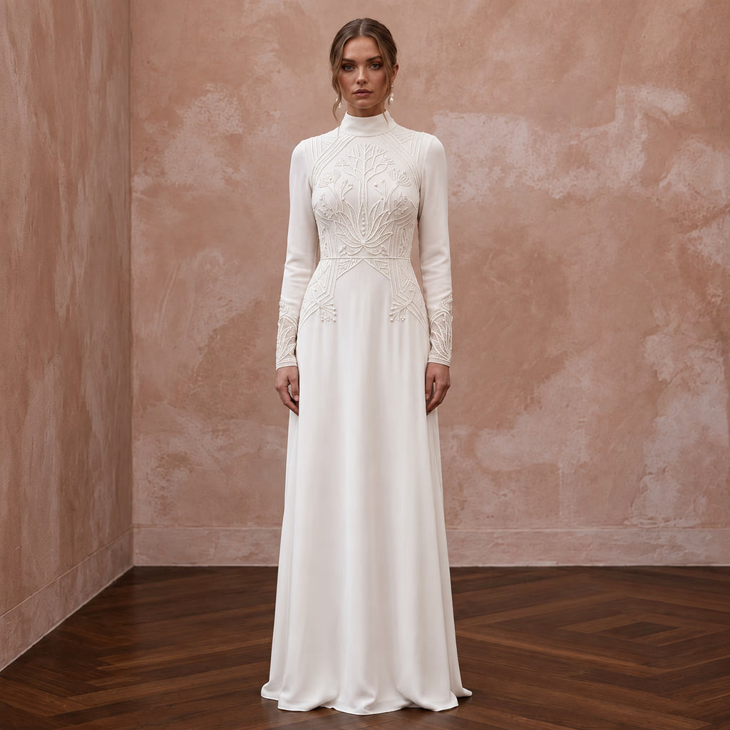 Modest Ivory Silk Georgette High Neck Long Sleeve Maxi Dress - Apparel & Accessories > Clothing > Wedding & Bridal Party Dresses > Wedding Dresses - Mignonette Bridal