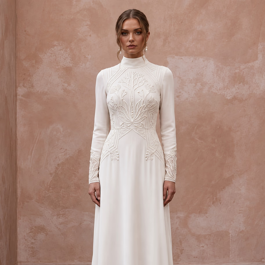 Modest Ivory Silk Georgette High Neck Long Sleeve Maxi Dress - Apparel & Accessories > Clothing > Wedding & Bridal Party Dresses > Wedding Dresses - Mignonette Bridal