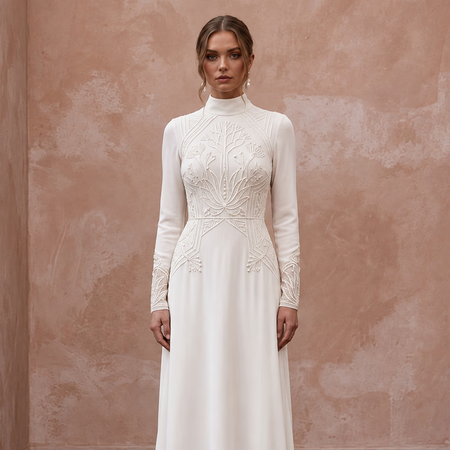 Modest Ivory Silk Georgette High Neck Long Sleeve Maxi Dress - Apparel & Accessories > Clothing > Wedding & Bridal Party Dresses > Wedding Dresses - Mignonette Bridal