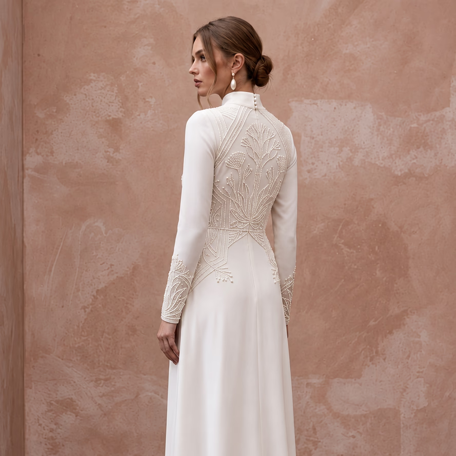 Modest Ivory Silk Georgette High Neck Long Sleeve Maxi Dress - Apparel & Accessories > Clothing > Wedding & Bridal Party Dresses > Wedding Dresses - Mignonette Bridal