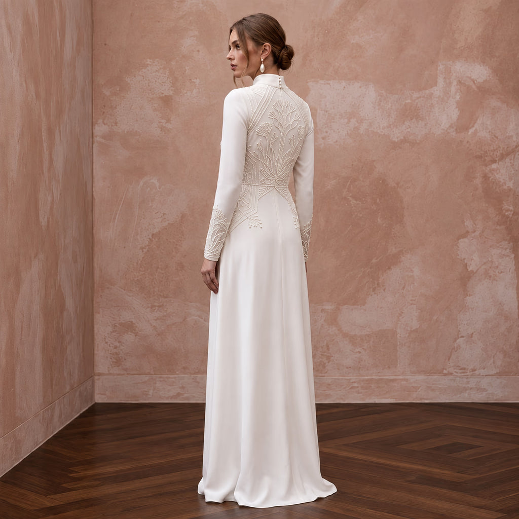 Modest Ivory Silk Georgette High Neck Long Sleeve Maxi Dress - Apparel & Accessories > Clothing > Wedding & Bridal Party Dresses > Wedding Dresses - Mignonette Bridal