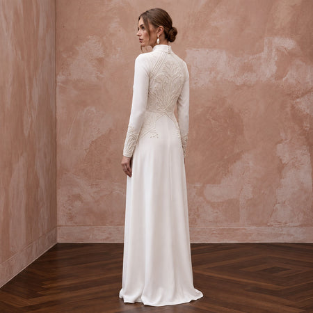 Modest Ivory Silk Georgette High Neck Long Sleeve Maxi Dress - Apparel & Accessories > Clothing > Wedding & Bridal Party Dresses > Wedding Dresses - Mignonette Bridal