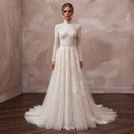 Modest Lace A-Line Wedding Dress with High Neck