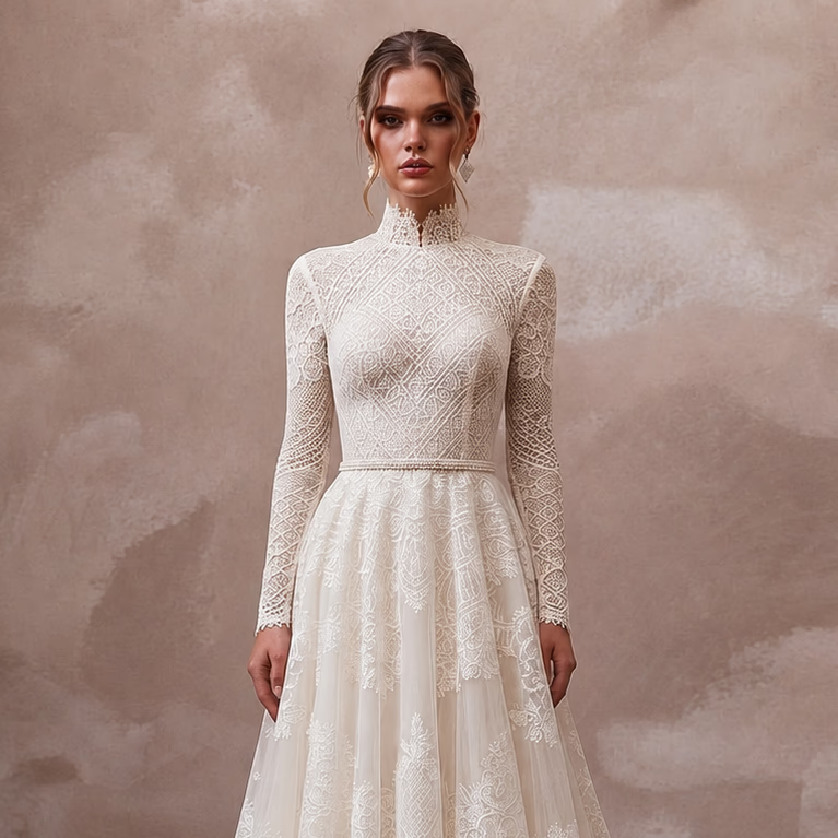 Modest Lace A - Line Wedding Dress with High Neck - Apparel & Accessories > Clothing > Wedding & Bridal Party Dresses > Wedding Dresses - Mignonette Bridal