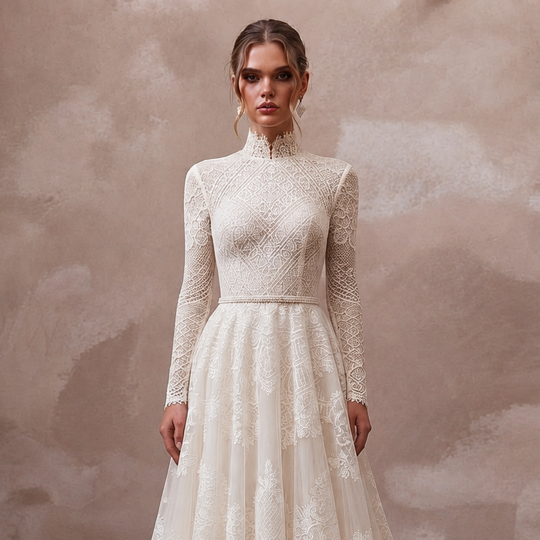 Modest Lace A-Line Wedding Dress with High Neck