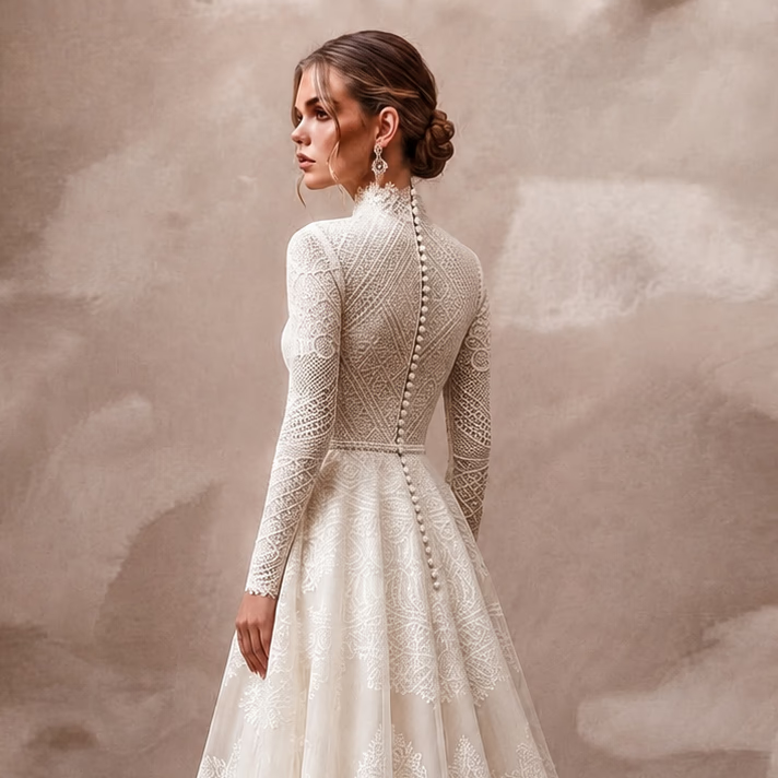 Modest Lace A - Line Wedding Dress with High Neck - Apparel & Accessories > Clothing > Wedding & Bridal Party Dresses > Wedding Dresses - Mignonette Bridal