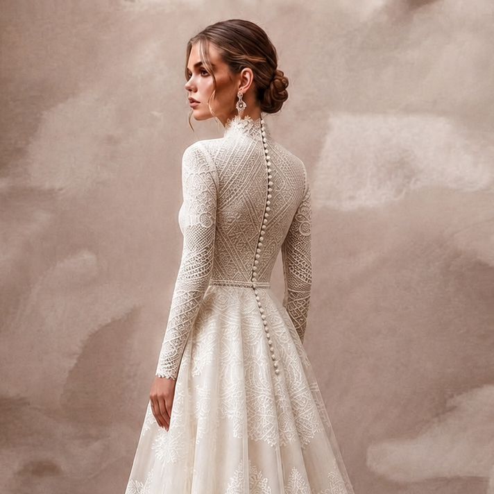 Modest Lace A-Line Wedding Dress with High Neck