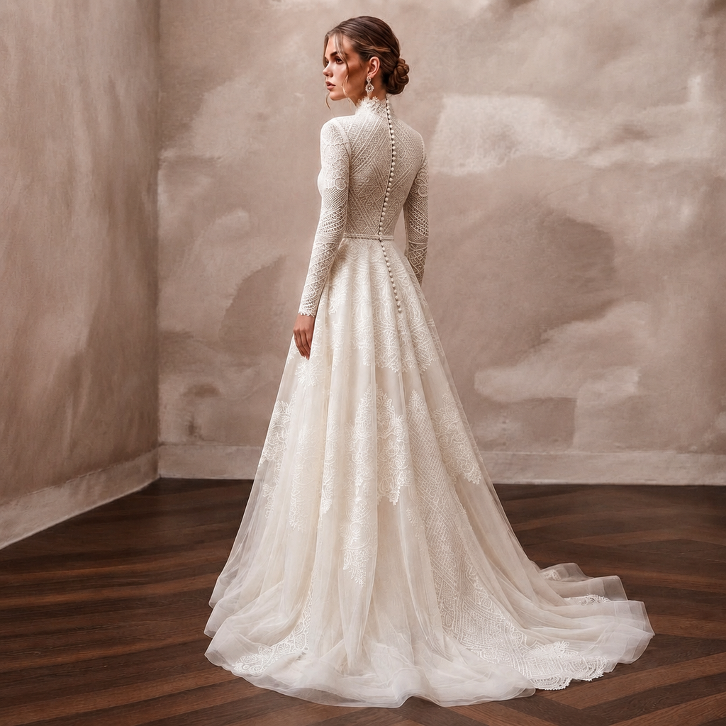 Modest Lace A-Line Wedding Dress with High Neck