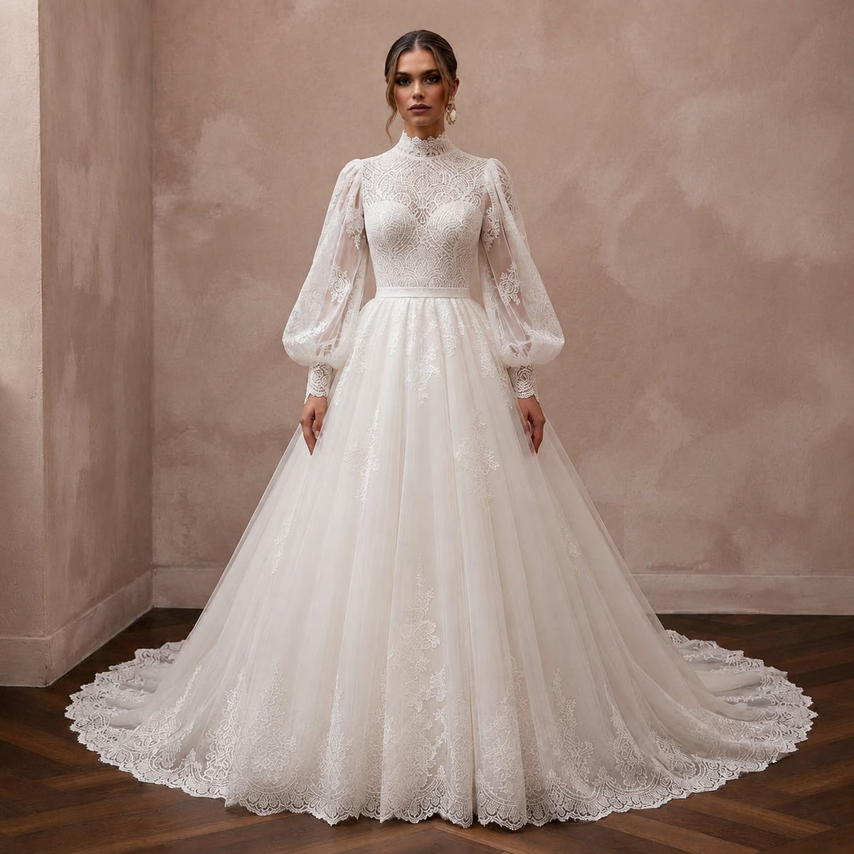 Modest Lace Ball Gown Wedding Dress with High Neck - Apparel & Accessories > Clothing > Wedding & Bridal Party Dresses > Wedding Dresses - Mignonette Bridal
