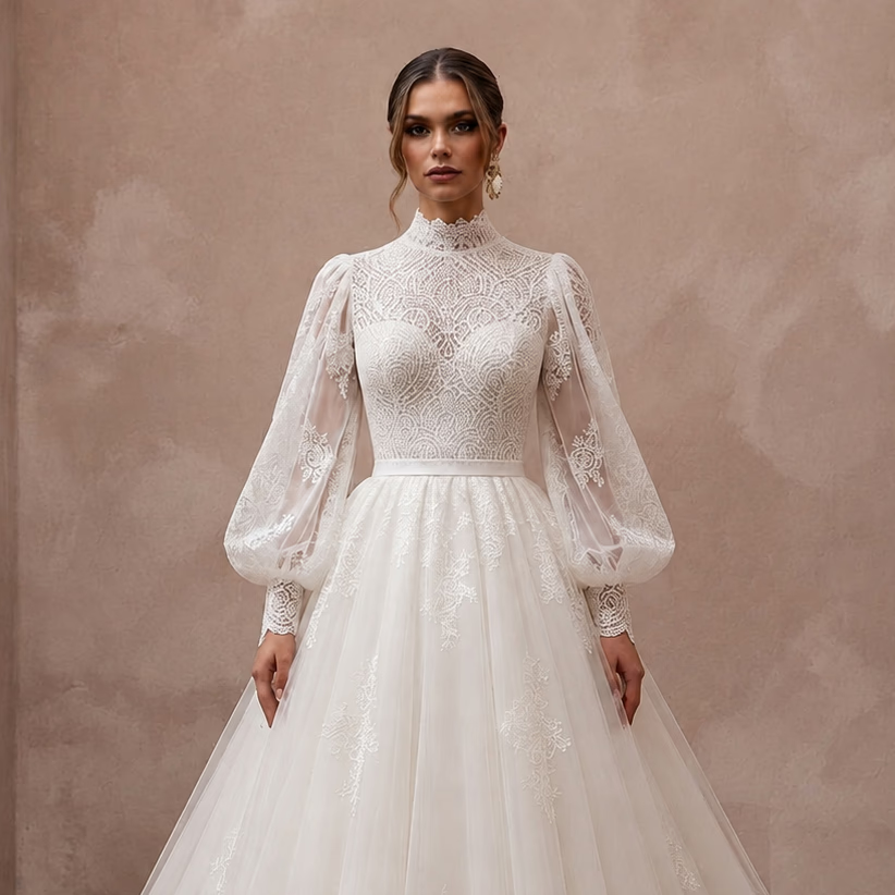 Modest Lace Ball Gown Wedding Dress with High Neck - Apparel & Accessories > Clothing > Wedding & Bridal Party Dresses > Wedding Dresses - Mignonette Bridal