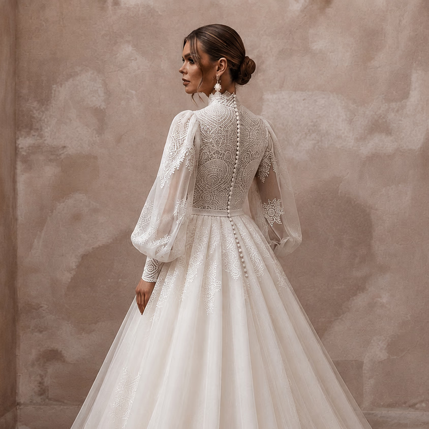 Modest Lace Ball Gown Wedding Dress with High Neck - Apparel & Accessories > Clothing > Wedding & Bridal Party Dresses > Wedding Dresses - Mignonette Bridal