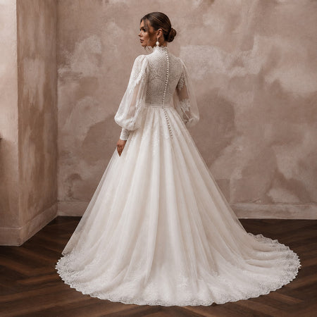 Modest Lace Ball Gown Wedding Dress with High Neck - Apparel & Accessories > Clothing > Wedding & Bridal Party Dresses > Wedding Dresses - Mignonette Bridal