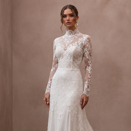 Modest Lace Bridal Gown with High Neck for a Church Wedding