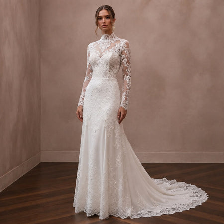 Modest Lace Bridal Gown with High Neck for a Church Wedding