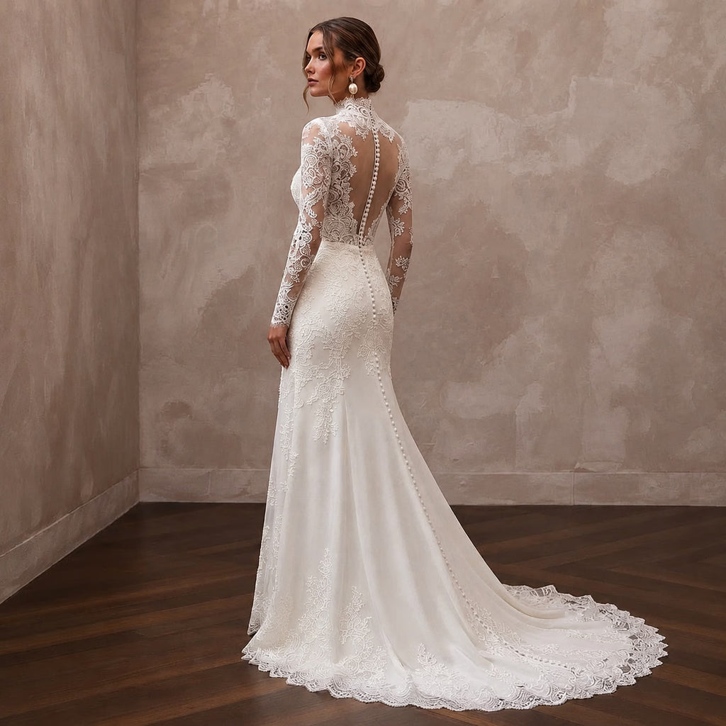 Modest Lace Bridal Gown with High Neck for a Church Wedding