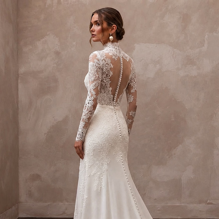 Modest Lace Bridal Gown with High Neck for a Church Wedding