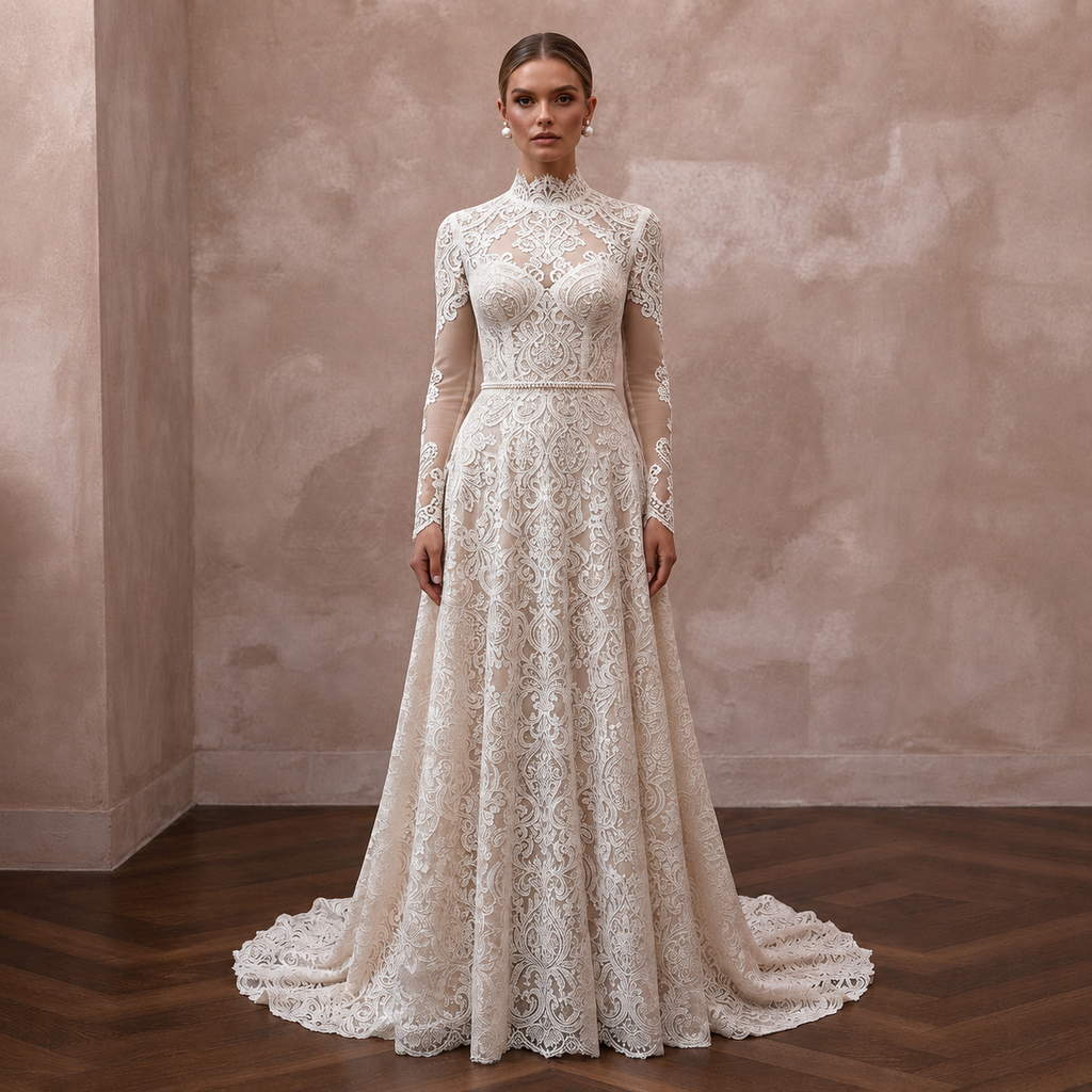 Lace bridal gown with long sleeves and high neckline, fitted bodice and A-line skirt