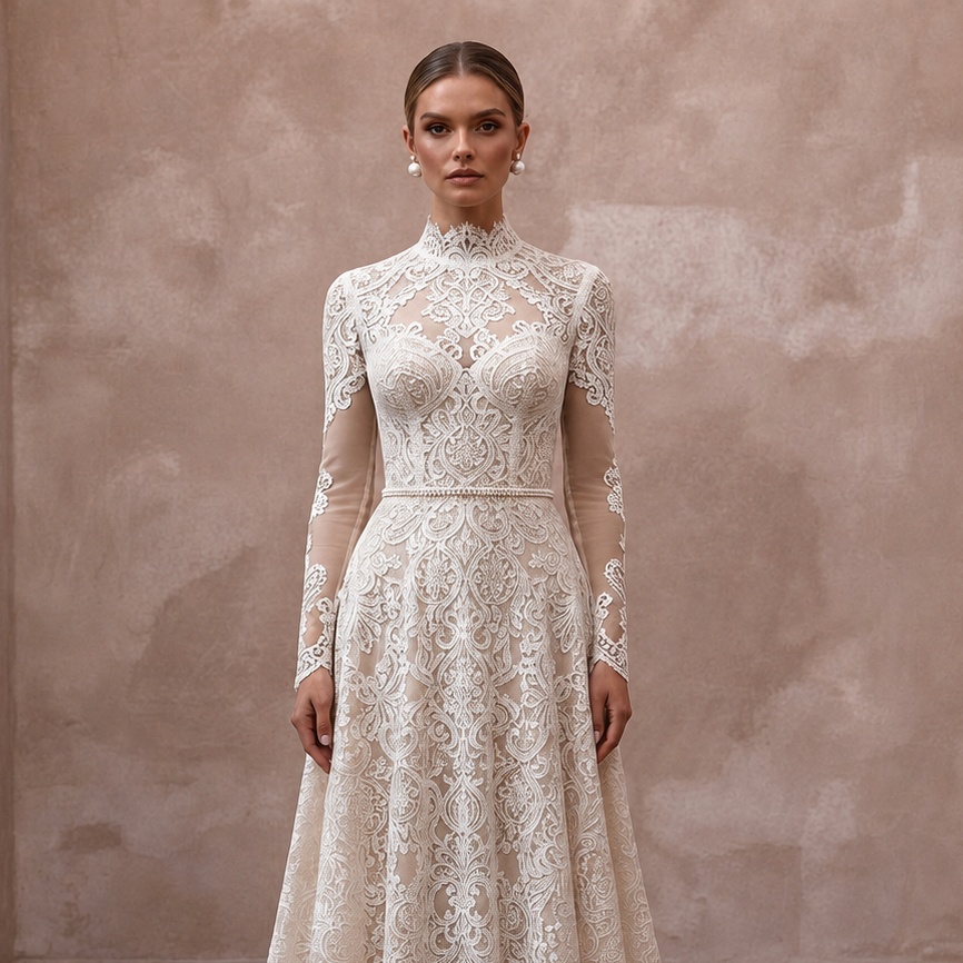 Lace bridal gown with high neck and long sleeves, ornate embroidered bodice and skirt