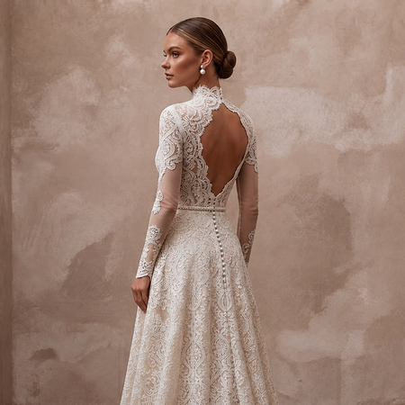 Lace bridal gown with high neck and sheer lace sleeves, open back with lace panel