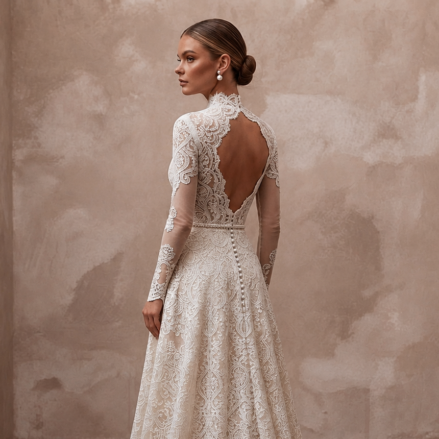 Lace bridal gown with high neck and sheer lace sleeves, open back with lace panel