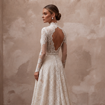 Lace bridal gown with high neck and sheer lace sleeves, open back with lace panel