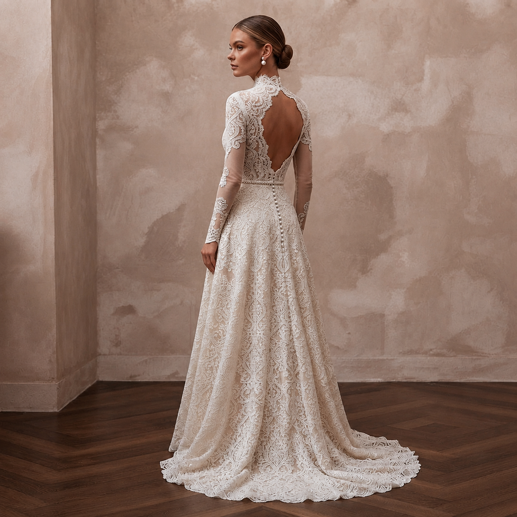 Lace bridal gown with long sleeves, open back lace detail and flowing A-line skirt