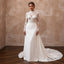 White lace high-neck bridal gown with long sleeves and detachable train, front view