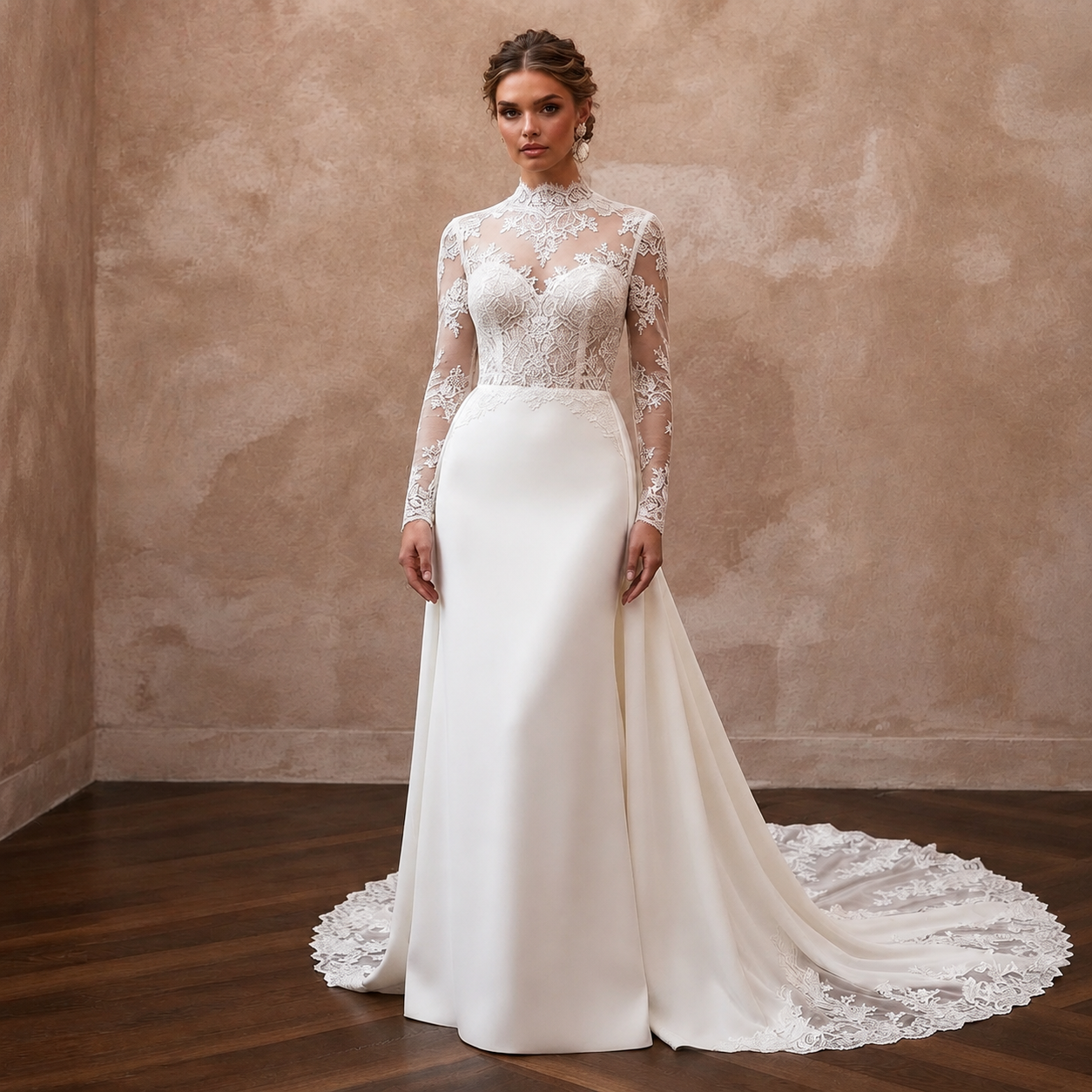 White lace high-neck bridal gown with long sleeves and detachable train, front view