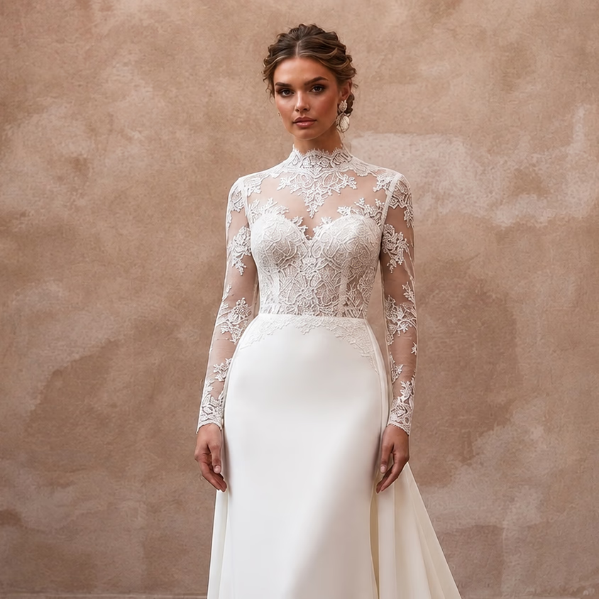 White lace high-neck bridal gown with sheer long sleeves and detachable train, close front