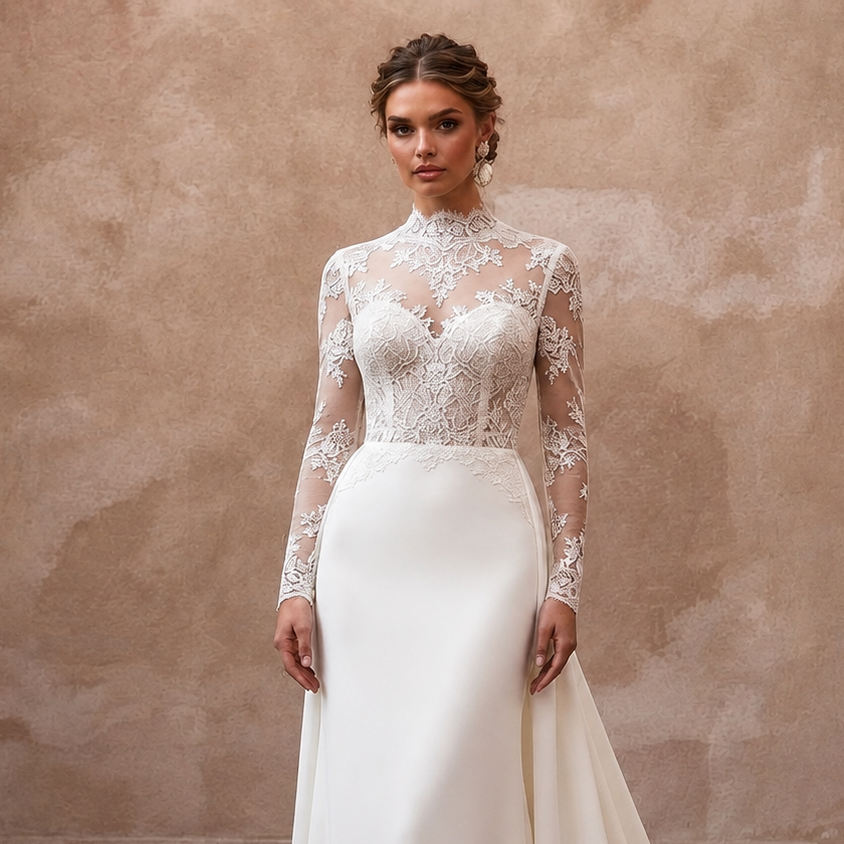 White lace high-neck bridal gown with sheer long sleeves and detachable train, close front