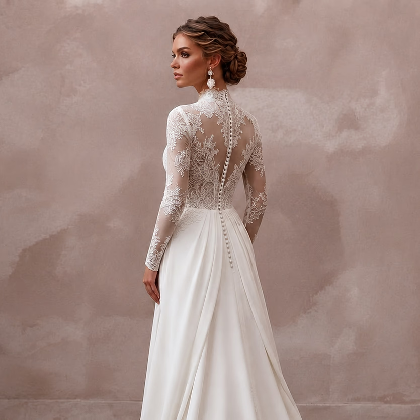 White lace high-neck bridal gown with long sleeves and draped detachable train, side view