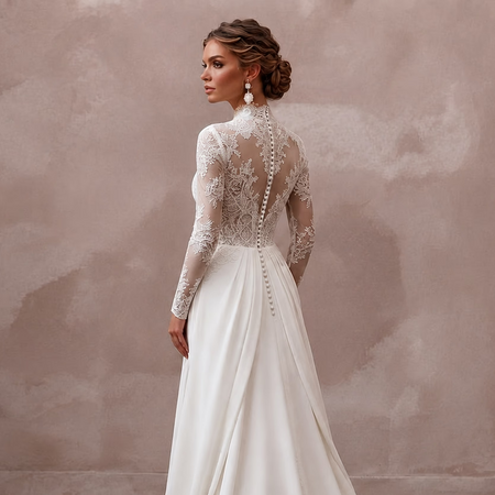 White lace high-neck bridal gown with long sleeves and draped detachable train, side view