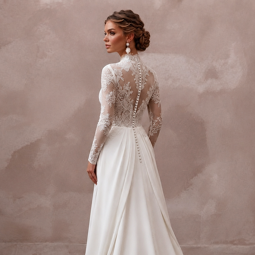 White lace high-neck bridal gown with long sleeves and draped detachable train, side view