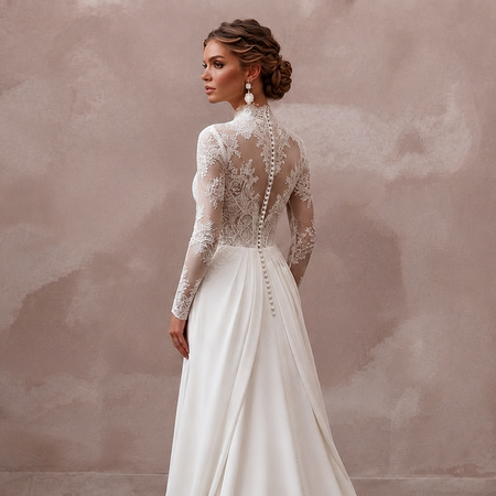 White lace high-neck bridal gown with long sleeves and draped detachable train, side view