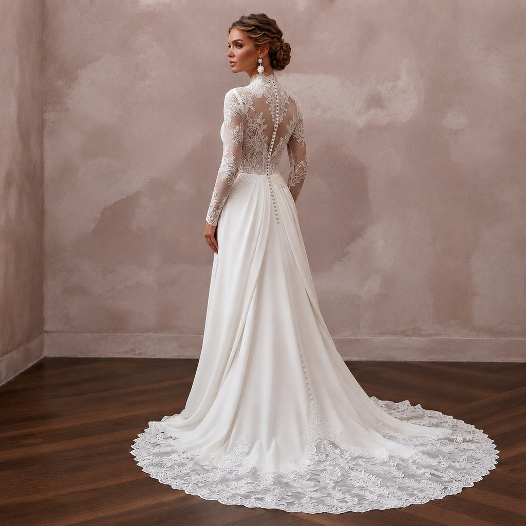 White lace bridal gown with high neck, long sheer sleeves, and flowing detachable train