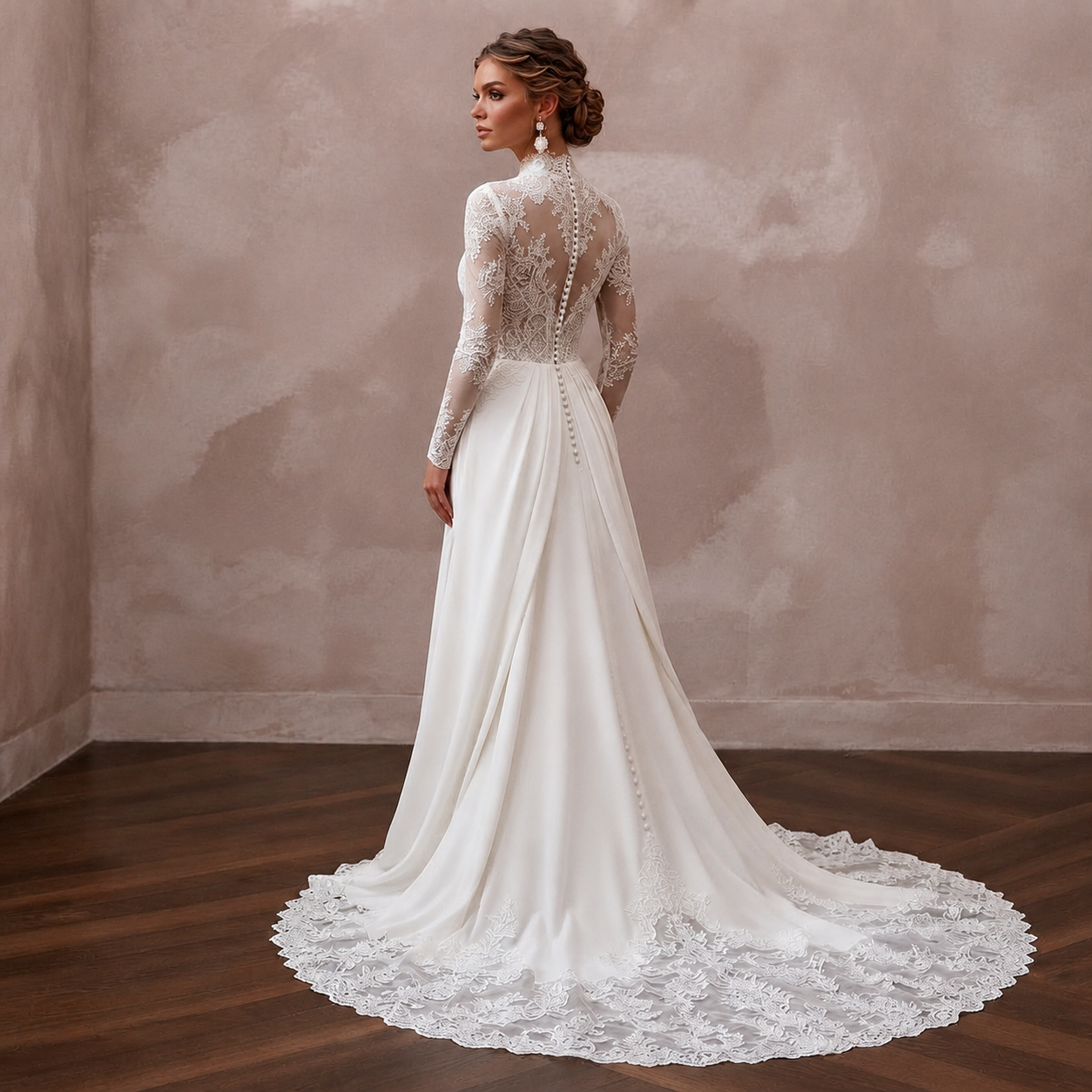 White lace bridal gown with high neck, long sheer sleeves, and flowing detachable train