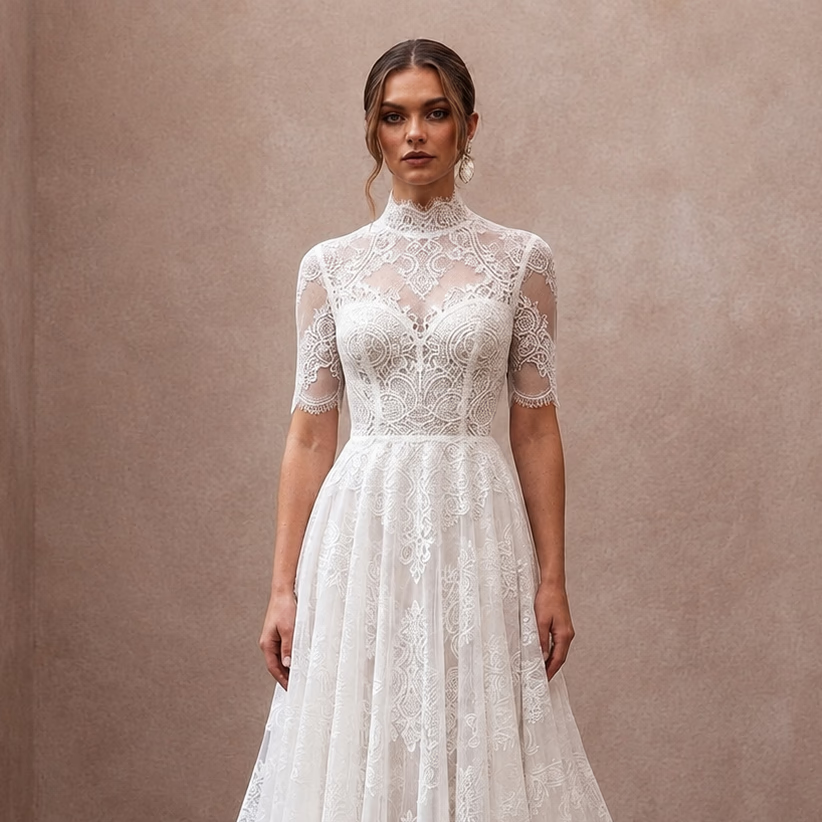 White lace wedding dress with high neck, scalloped lace sleeves, and A-line skirt