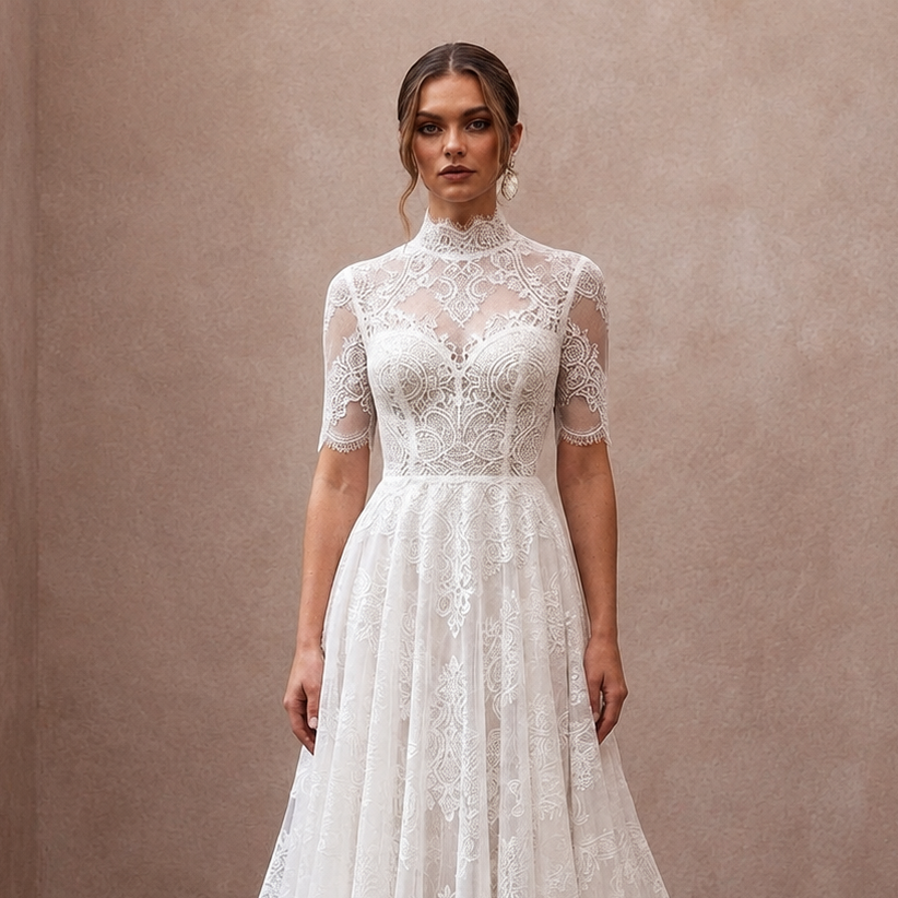 White lace wedding dress with high neck, scalloped lace sleeves, and A-line skirt