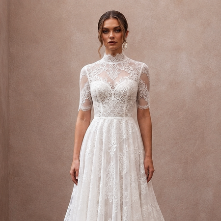 White lace wedding dress with high neck, scalloped lace sleeves, and A-line skirt