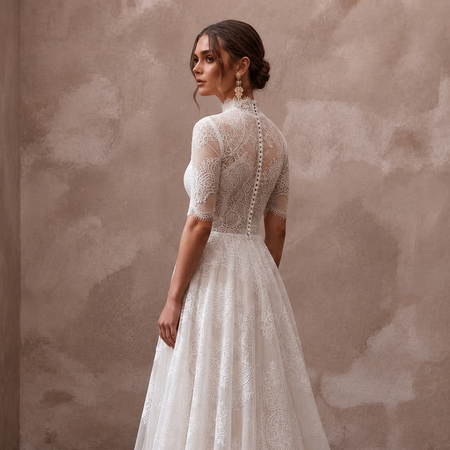 White lace wedding dress with high neckline and fitted A-line silhouette, lace sleeves