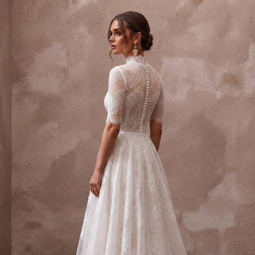 White lace wedding dress with high neckline and fitted A-line silhouette, lace sleeves