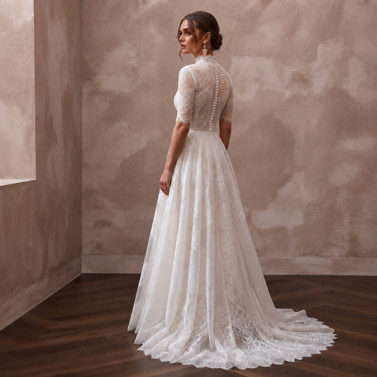 Modest Lace High Neck Wedding Dress with A-Line Silhouette Secondary image