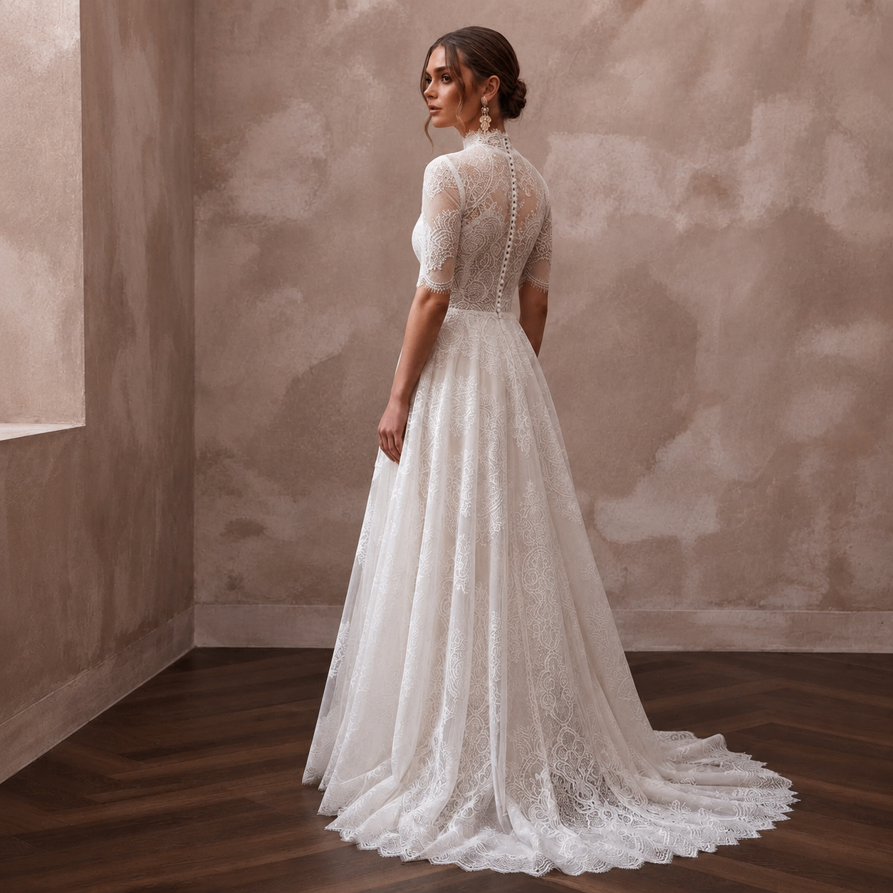 White lace wedding dress with high neck, A-line skirt, and sheer lace sleeves