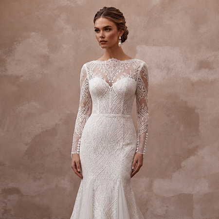 Modest Lace Mermaid Wedding Dress with Long Sleeves - Apparel & Accessories > Clothing > Wedding & Bridal Party Dresses > Wedding Dresses - Mignonette Bridal