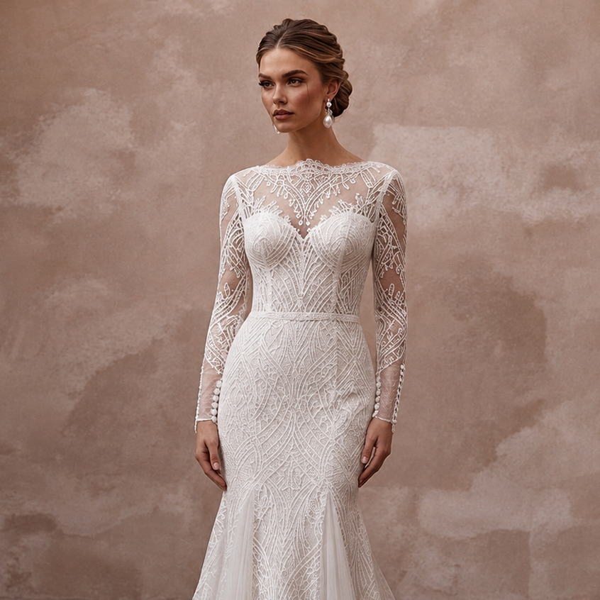 Modest Lace Mermaid Wedding Dress with Long Sleeves
