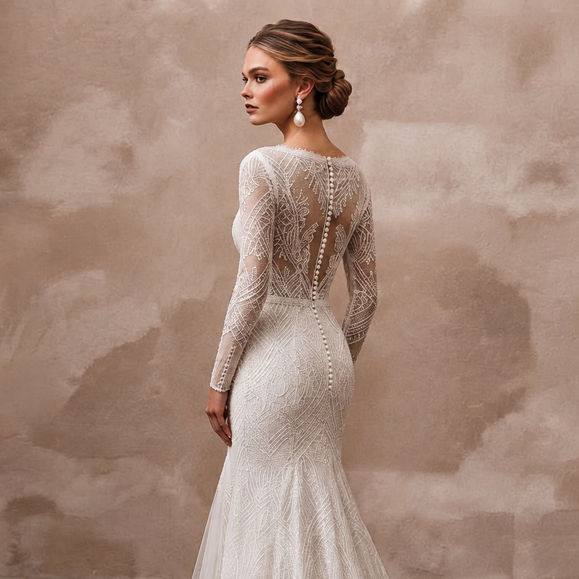 Modest Lace Mermaid Wedding Dress with Long Sleeves - Apparel & Accessories > Clothing > Wedding & Bridal Party Dresses > Wedding Dresses - Mignonette Bridal