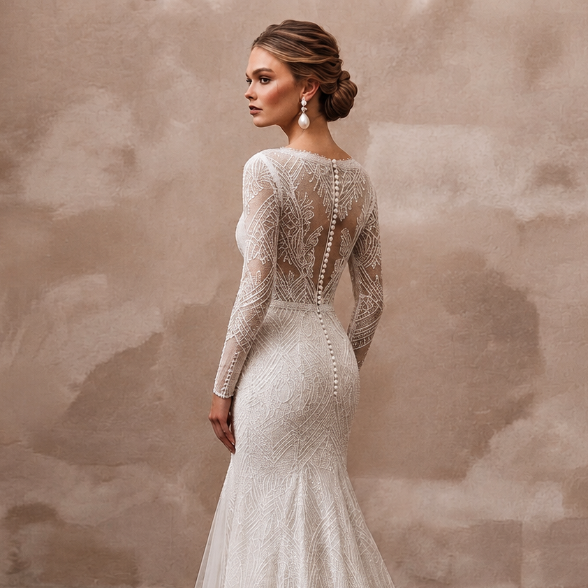 Modest Lace Mermaid Wedding Dress with Long Sleeves